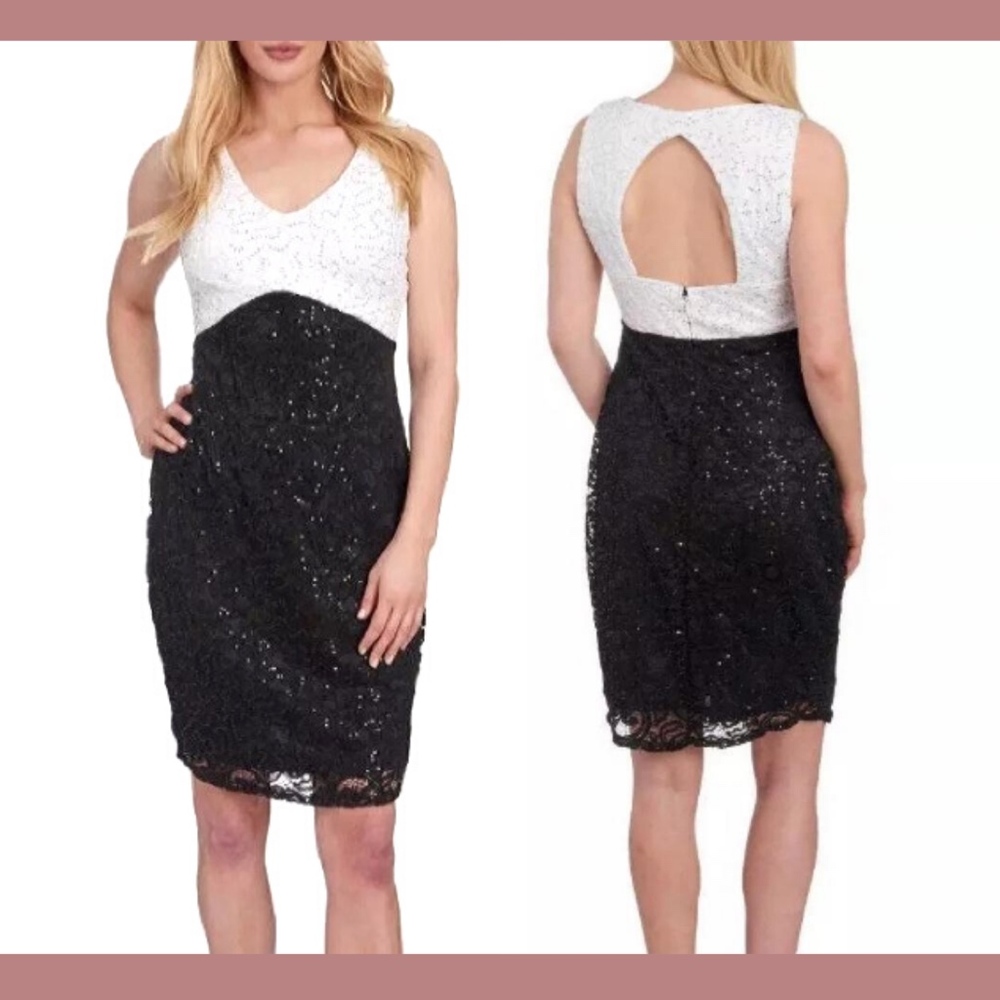 NWT $129 Marina V-Neck Keyhole Back Sequin Lace Dress Black/White [SZ 14‎ ]
